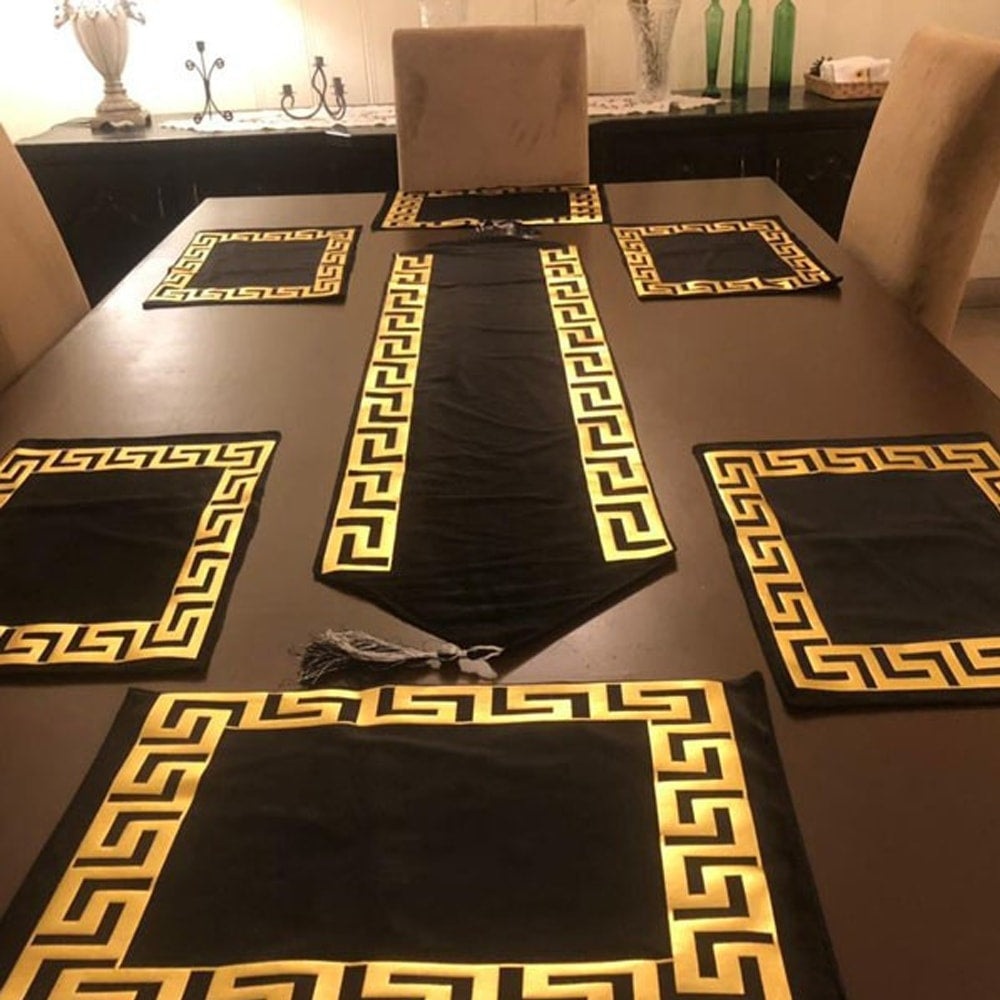 7 Pcs Elegant Versace Velvet Table Runner Set – Black