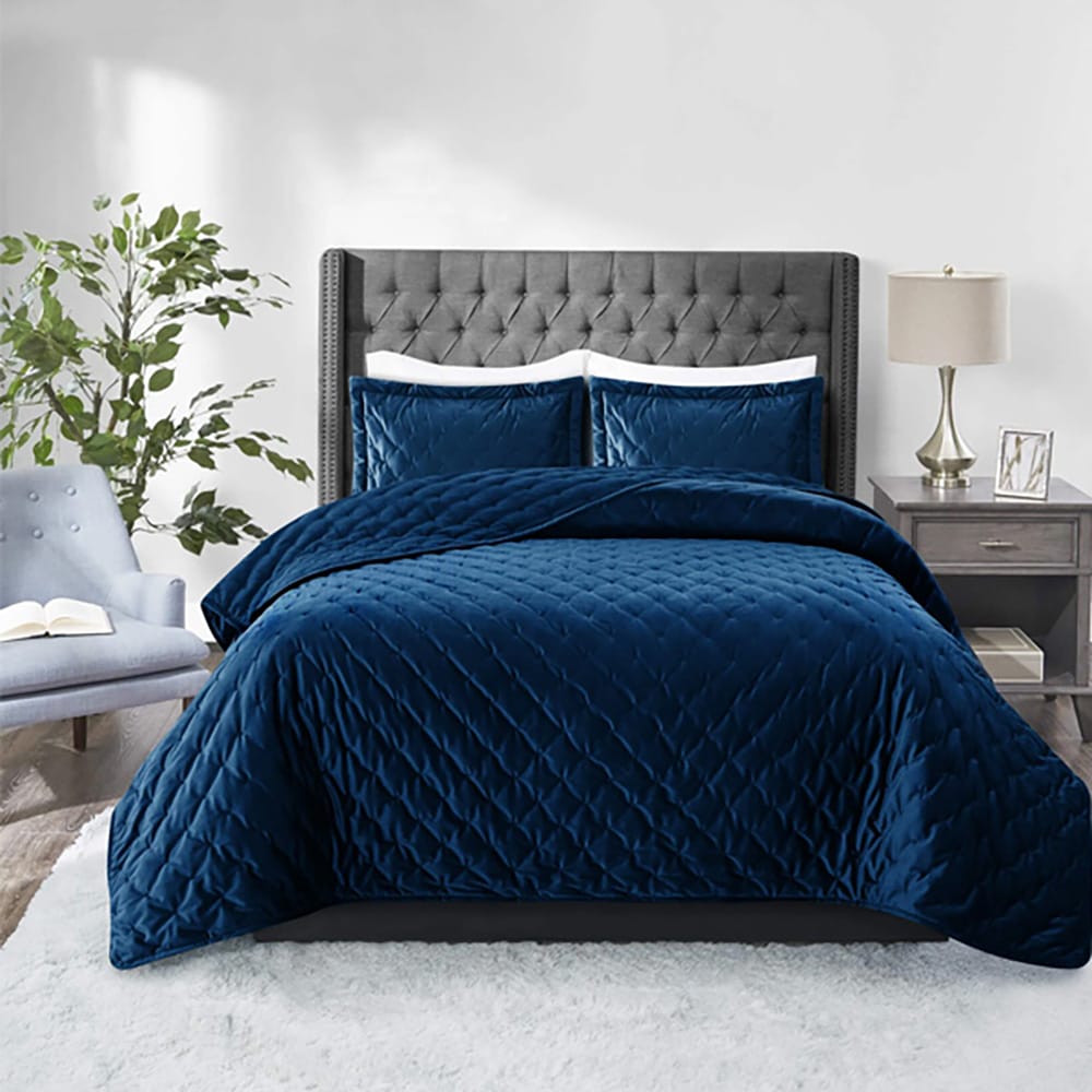 Velvet Quilted Bedspread - Blue